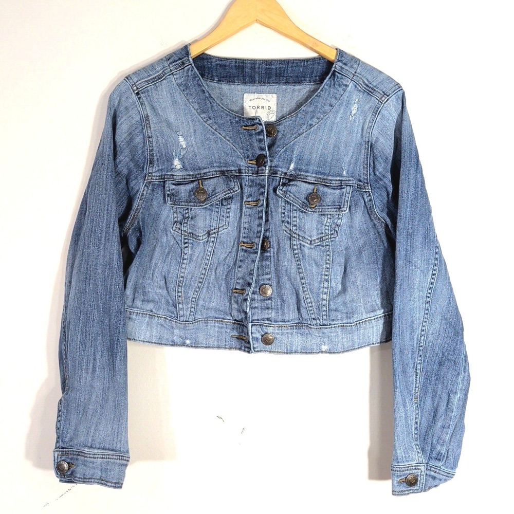 Torrid Cropped Denim Jacket; Distressed Collarless